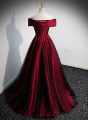 Party Dresses For Ladies, Black and Red Satin Off Shoulder Long Junior Prom Dress, A-line Satin Party Dress