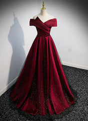 Party Dress Fall, Black and Red Satin Off Shoulder Long Junior Prom Dress, A-line Satin Party Dress