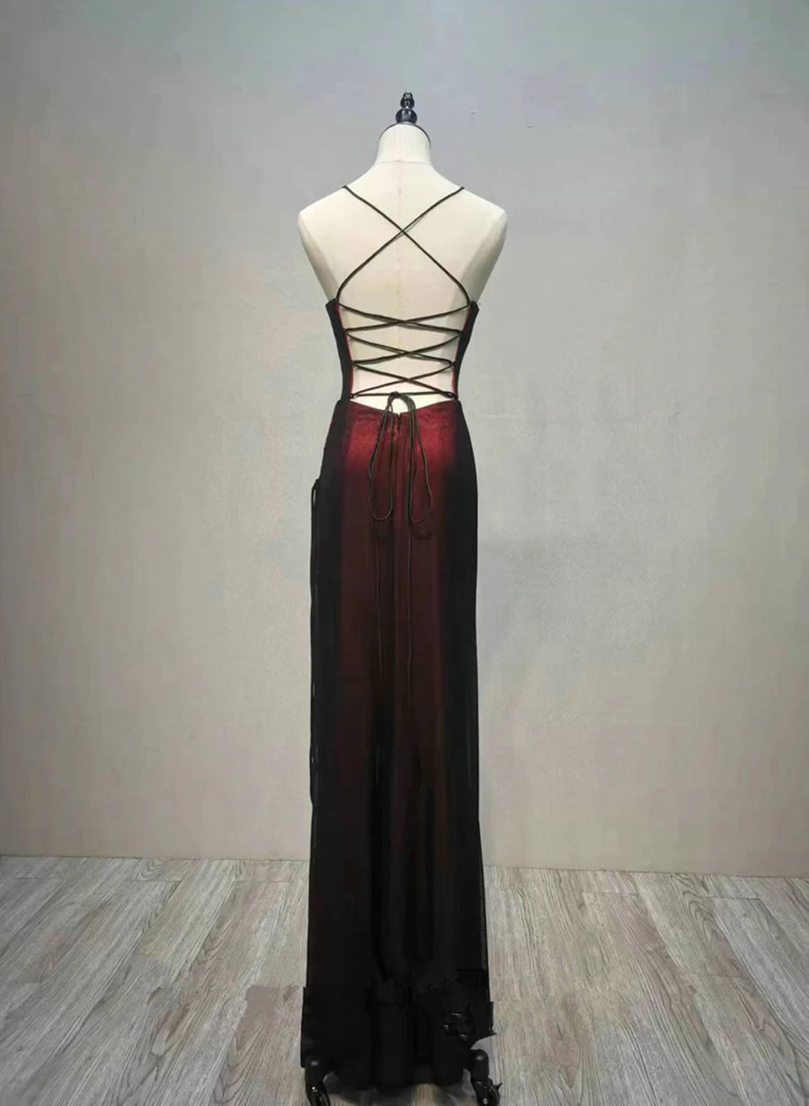 Bridesmaid Dress Blush, Black and Red Straps Long Simple Party Dress, Black and Red Prom Dress