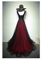 Bridesmaid Dress For Girls, Black and Red Tulle V-neckline Beaded Lace Long Party Dress,A-line Formal Evening Dresses