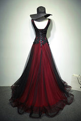 Prom Dresses Princess Style, Black and Red V-Neck Tulle Long Prom Dress, Lace Evening Dress