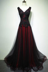 Prom Dresses Size 16, Black and Red V-Neck Tulle Long Prom Dress, Lace Evening Dress