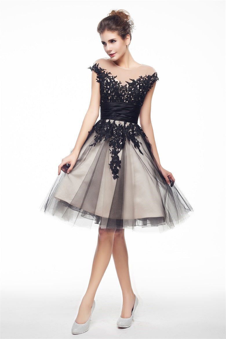 Party Dress For Christmas Party, Black and White Lace Short Homecoming Dresses
