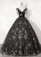 Prom Dresses Sleeve, Black Ball Gown Floral V-neckline Straps Sweet 16 Dress, Black Tulle Formal Dress