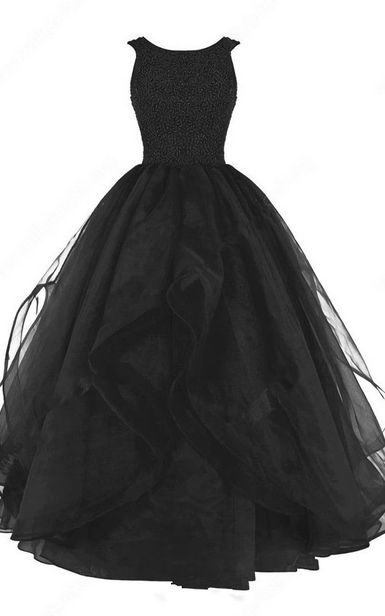 Party Dress Size 22, Black Ball Gown Scoop Neck Organza Sleeveless Beading Long Prom Dress