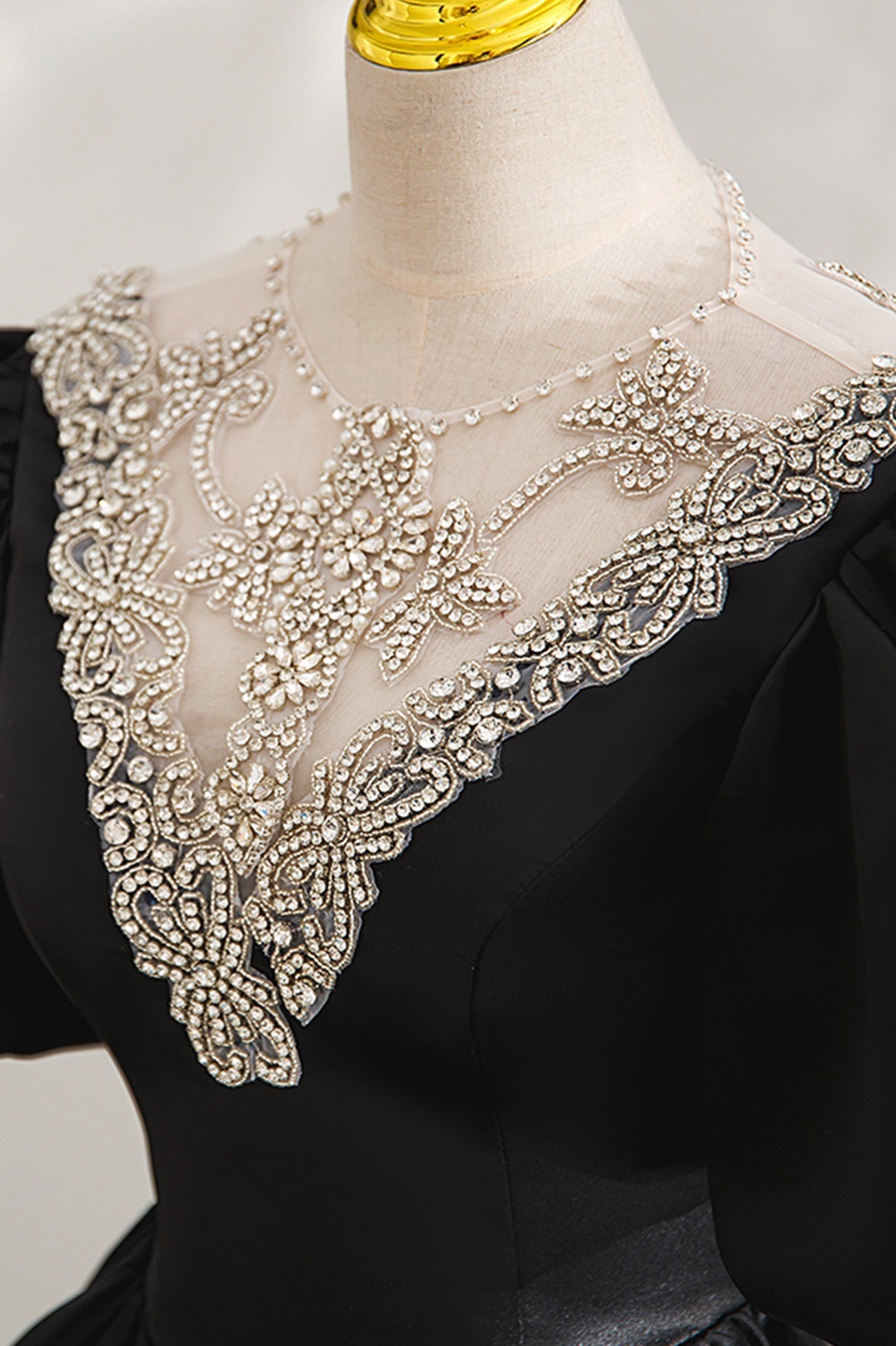 Small Wedding Ideas, Black Ball Gown with Beaded, Black Short Sleeve Formal Evening Dress