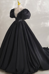 Plu Size Wedding Dress, Black Ball Gown with Beaded, Black Short Sleeve Formal Evening Dress