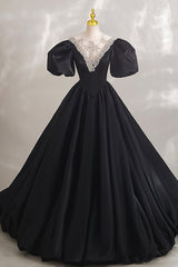 Bridesmaids Dresses Lavender, Black Ball Gown with Beaded, Black Short Sleeve Formal Evening Dress