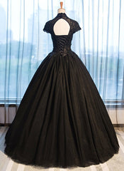 Bridesmaids Dress Floral, Black Cap Sleeves Long Tulle Party Dress, Black Prom Dress