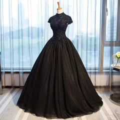 Bridesmaid Dress Floral, Black Cap Sleeves Long Tulle Party Dress, Black Prom Dress