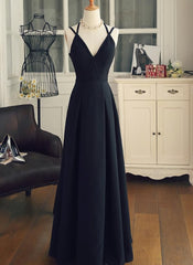 Evening Dress 1921S, Black Chiffon Straps Long A-line Junior Prom Dress, Black Party Gowns