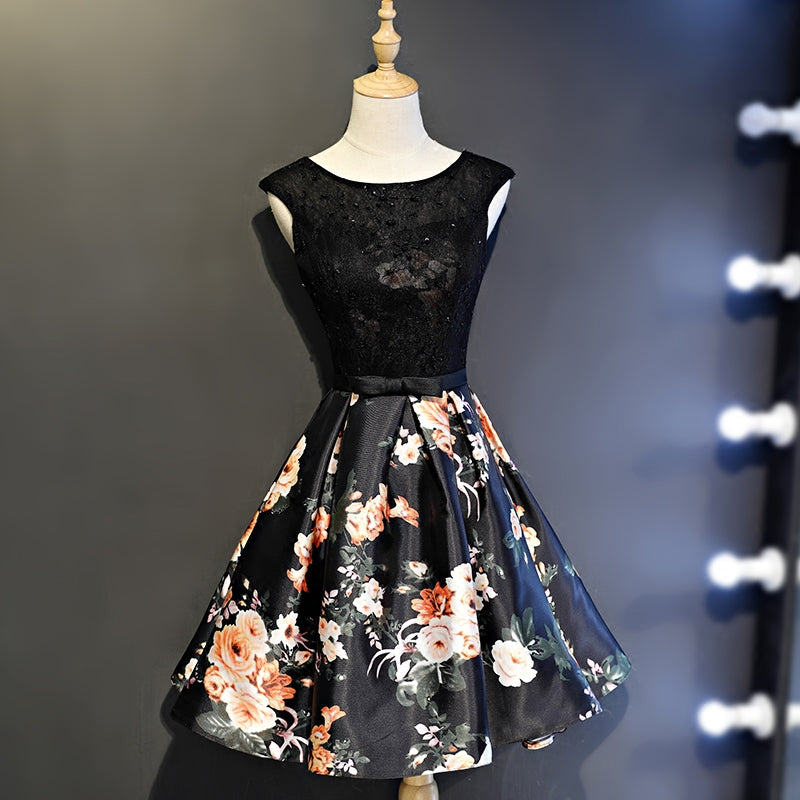 Prom Dresses Prom Dressprom Dress Prom Dresses, Black Floral Satin and Lace Round Neckline Short Party Dress Prom Dress, Black Homecoming Dresses
