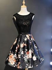 Prom Dress Long Formal Evening Gown, Black Floral Satin and Lace Round Neckline Short Party Dress Prom Dress, Black Homecoming Dresses