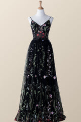 Prom Dresses Near Me, Black Floral V Neck Long Formal Dress