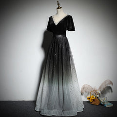 Prom Dresses Casual, Black Gradient tulle and Velvet Short Sleeves V-neckline Tulle Party Dress, Black Tulle Prom Dress
