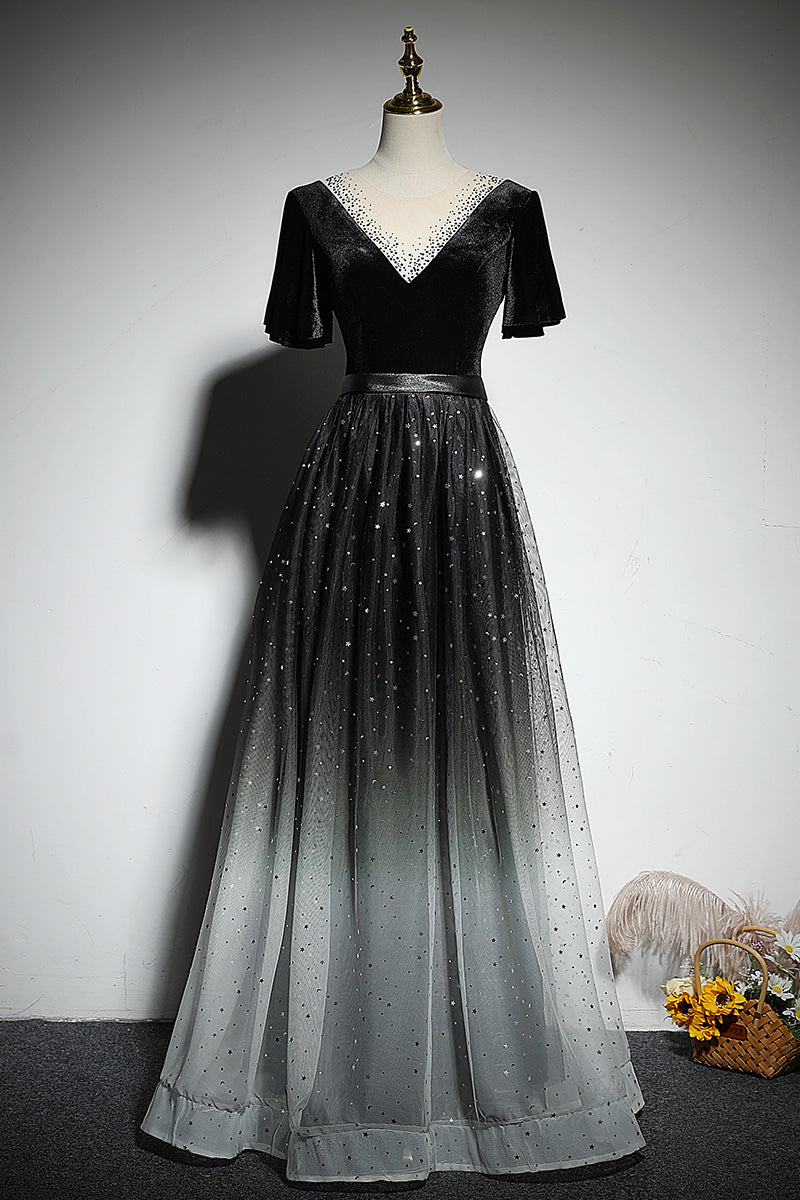 Prom Dress Elegant, Black Gradient tulle and Velvet Short Sleeves V-neckline Tulle Party Dress, Black Tulle Prom Dress