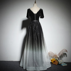 Prom Dresses Elegant, Black Gradient tulle and Velvet Short Sleeves V-neckline Tulle Party Dress, Black Tulle Prom Dress
