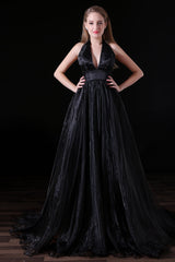 Grad Dress, Black Halter Deep V neck Backless Tulle Floro Length Prom Dresses