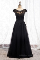 Homecoming Dresses Simple, Black Illusion Scoop Neck Cap Sleeves Beaded Appliques Maxi Formal Dress