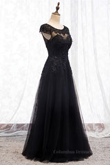 Homecoming Dresses Simpl, Black Illusion Scoop Neck Cap Sleeves Beaded Appliques Maxi Formal Dress