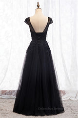 Homecoming Dress Boutiques, Black Illusion Scoop Neck Cap Sleeves Beaded Appliques Maxi Formal Dress