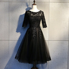 Prom Dress With Tulle, Black Lace and Tulle Short Sleeves Party Dresses Formal Dress, Black Homecoming Dresses