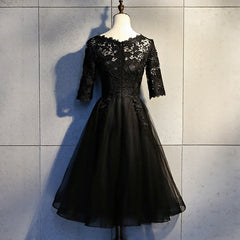 Prom Dresses Champagne, Black Lace and Tulle Short Sleeves Party Dresses Formal Dress, Black Homecoming Dresses