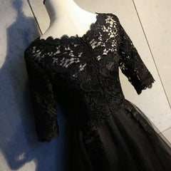 Prom Dresses Ball Gown Elegant, Black Lace and Tulle Short Sleeves Party Dresses Formal Dress, Black Homecoming Dresses
