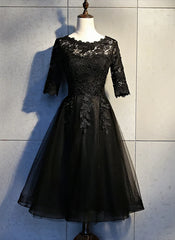 Prom Dresses Country, Black Lace and Tulle Short Sleeves Party Dresses Formal Dress, Black Homecoming Dresses