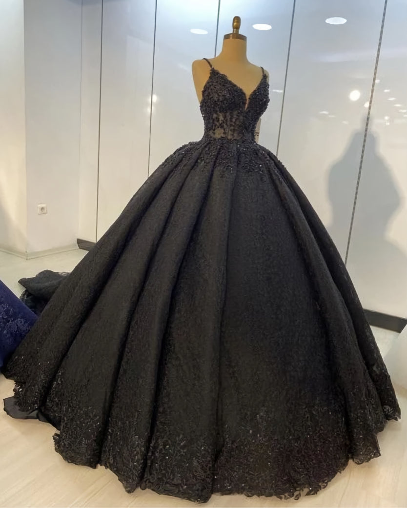 Wedding Dresses Train, Black lace ball gown dresses for wedding , spaghetti straps prom dress