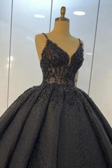 Wedding Dresses Lace Romantic, Black lace ball gown dresses for wedding , spaghetti straps prom dress