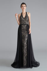 Prom Dress Store, Black Lace Halter Prom Dresses with Tulle Overskirt
