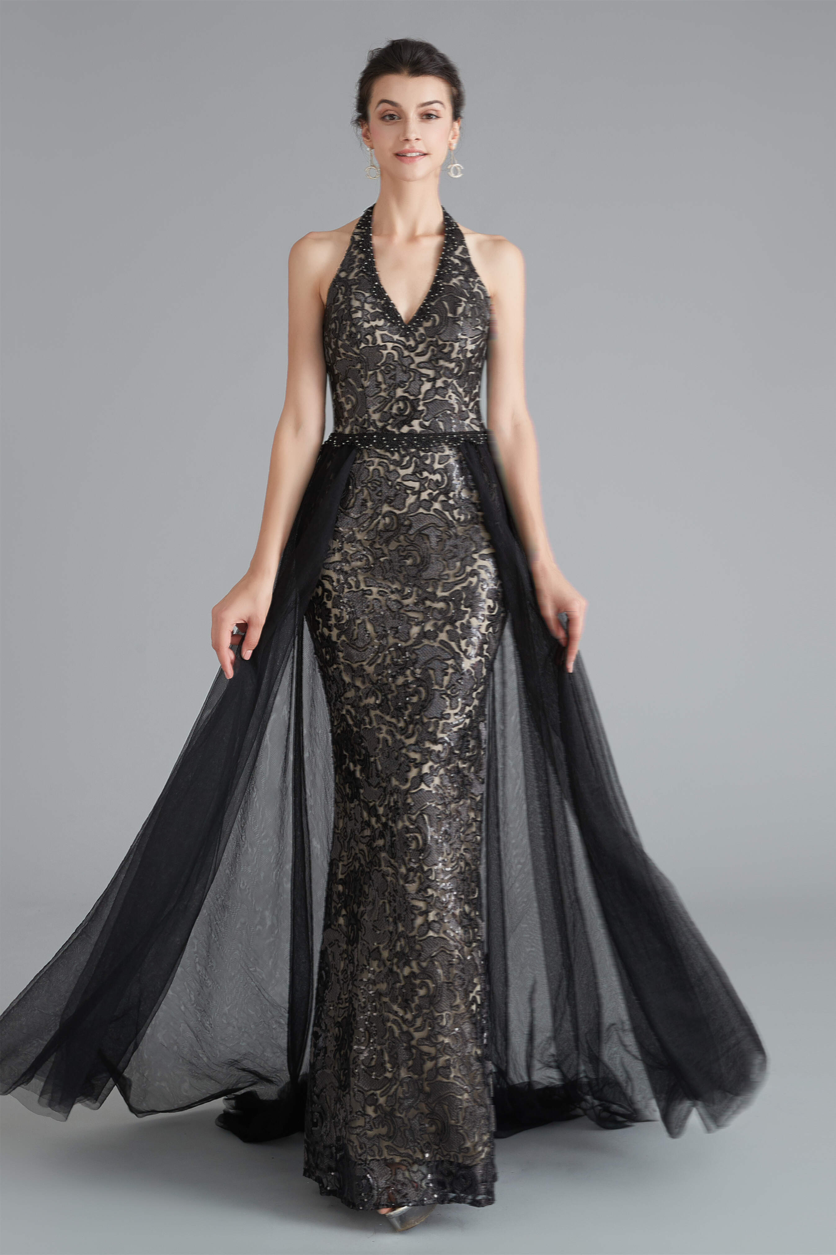 Prom Dresse Long, Black Lace Halter Prom Dresses with Tulle Overskirt