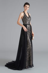 Prom Dressed Long, Black Lace Halter Prom Dresses with Tulle Overskirt