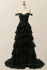Prom Dress 3 41 Sleeves, Black Lace Off the Shoulder Tiered Layers Long Formal Gown