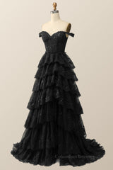 Prom Dresses 3 41 Sleeves, Black Lace Off the Shoulder Tiered Layers Long Formal Gown