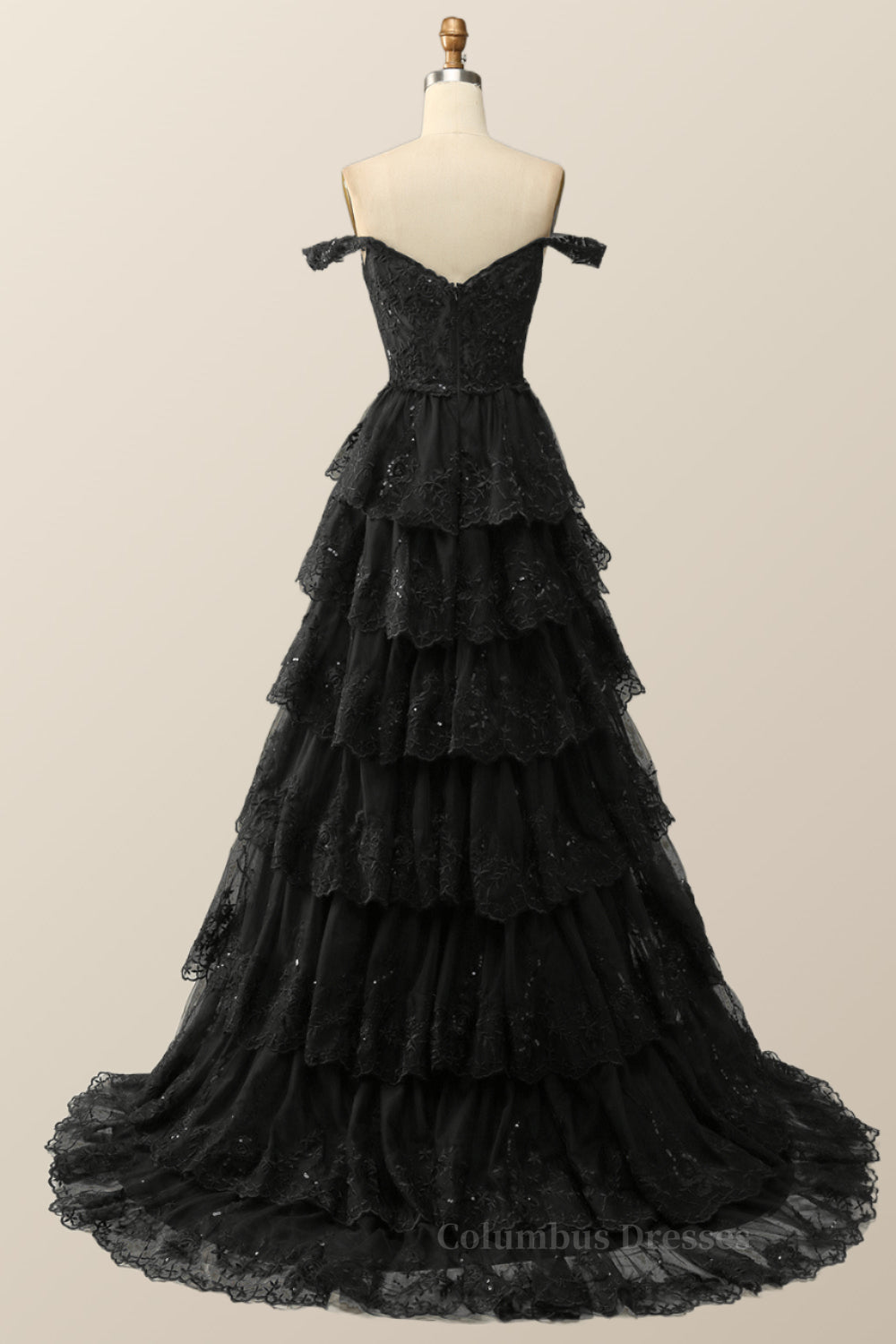 Prom Dresses For Warm Weather, Black Lace Off the Shoulder Tiered Layers Long Formal Gown