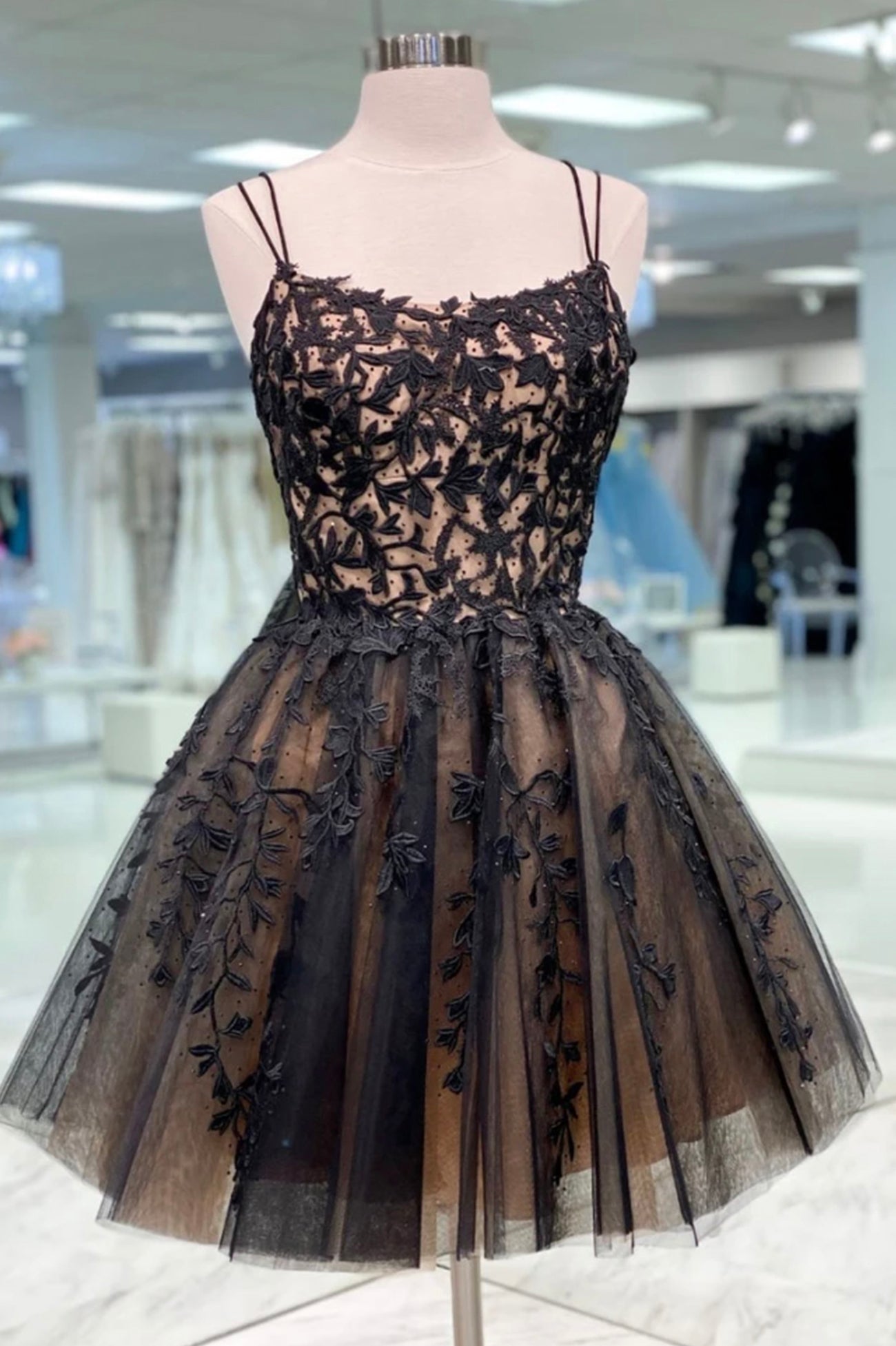 Prom Dresses With Sleeve, Black Lace Short Prom Dress, Cute A-Line Homecoming Party Dress