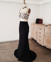 Dark Red Dress, Black Lace Two Pieces Long Prom Dress, Black Evening Dress with Lace Beading