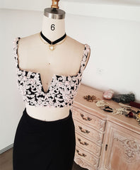 Dinner Dress, Black Lace Two Pieces Long Prom Dress, Black Evening Dress with Lace Beading