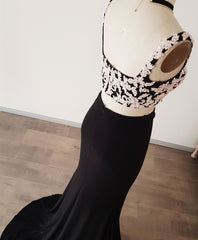 Mermaid Prom Dress, Black Lace Two Pieces Long Prom Dress, Black Evening Dress with Lace Beading