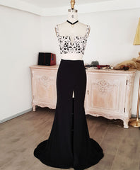 Pink Formal Dress, Black Lace Two Pieces Long Prom Dress, Black Evening Dress with Lace Beading