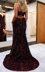 Black Lace-Up Back Sequis Mermaid Prom Dress with Slit