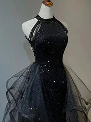 Evening Dress For Wedding, Black Long Mermaid Halter Sequined Tulle Formal Prom Dresses