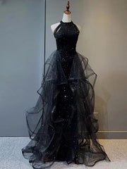 Evening Dress For Weddings, Black Long Mermaid Halter Sequined Tulle Formal Prom Dresses