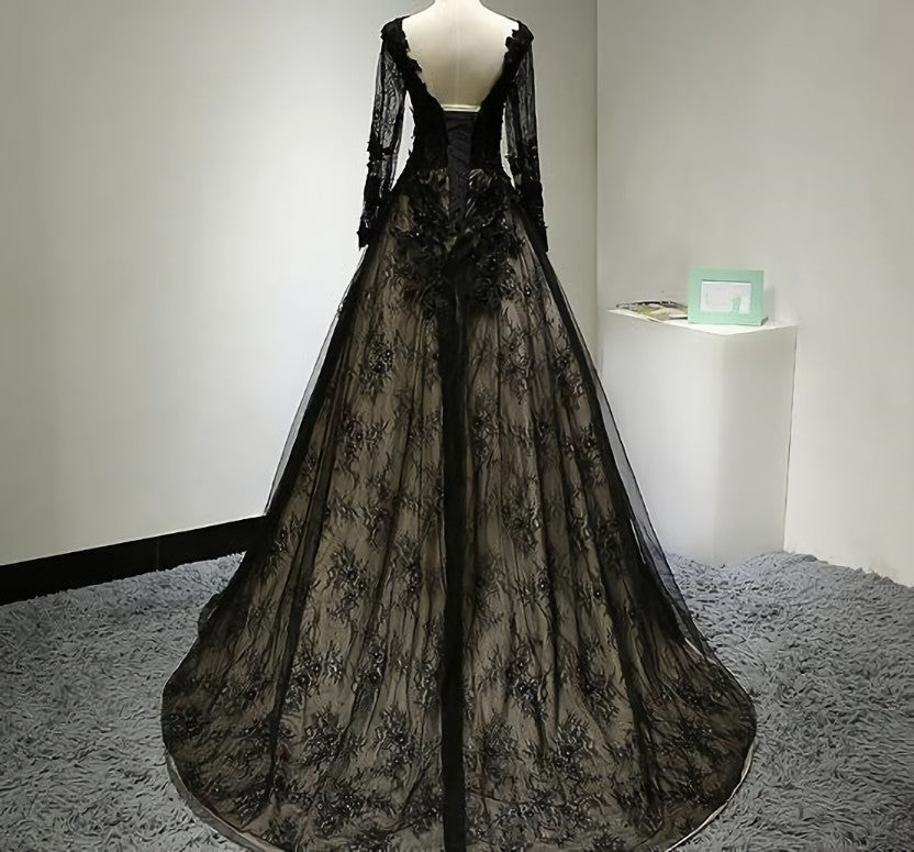 Party Dress Big Size, Black Long Sleeves Lace Prom Dress, Black Evening Gown
