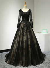 Party Dress Dames, Black Long Sleeves Lace Prom Dress, Black Evening Gown