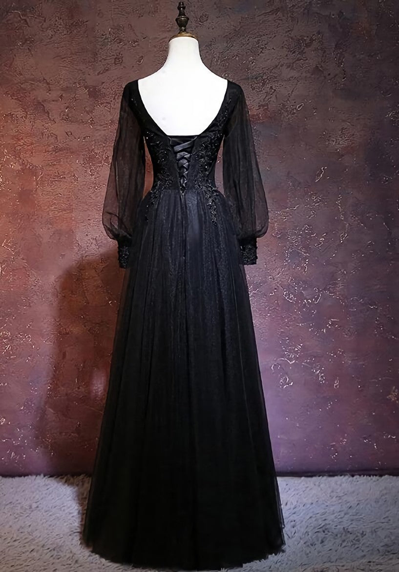 Autumn Wedding, Black Long Sleeves V-neckline Evening Dress, Black Prom Dress