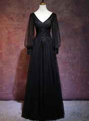 Short Prom Dress, Black Long Sleeves V-neckline Evening Dress, Black Prom Dress