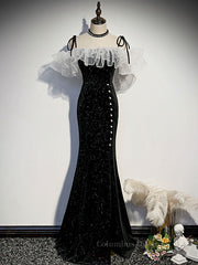 Bridesmaids Dresses Floral, Black mermaid long prom dress, black evening dress